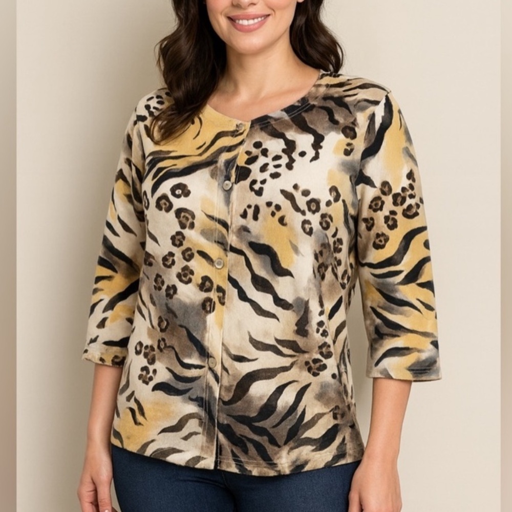 Onque Petite Animal‎ Print Button Front Cardigan Size L 3/4 Sleeve